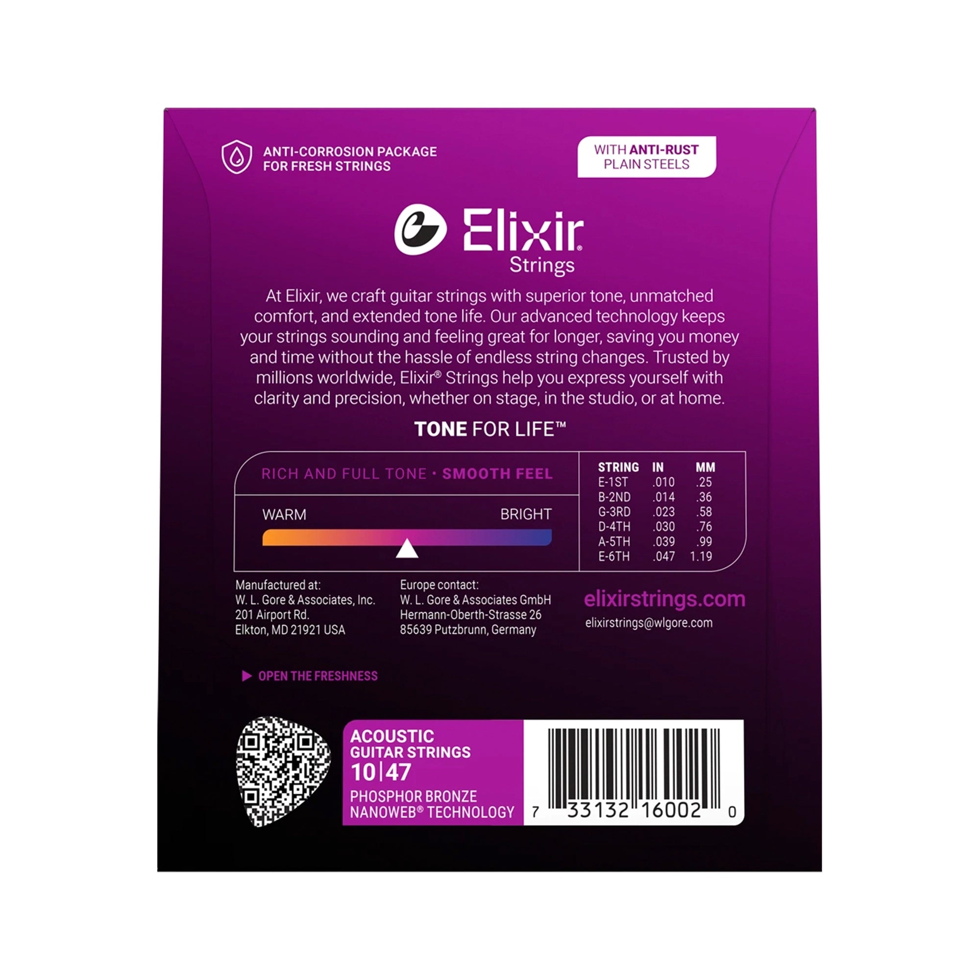 Set de cuerdas para guitarra acustica Elixir Nanoweb 10/47 Extra Light. - 16002